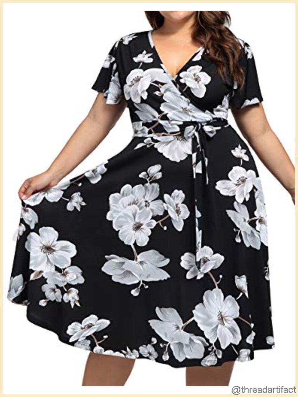 Plus Size V Neck Floral Midi Dress with Pocket Belted Cocktail Party A-Line